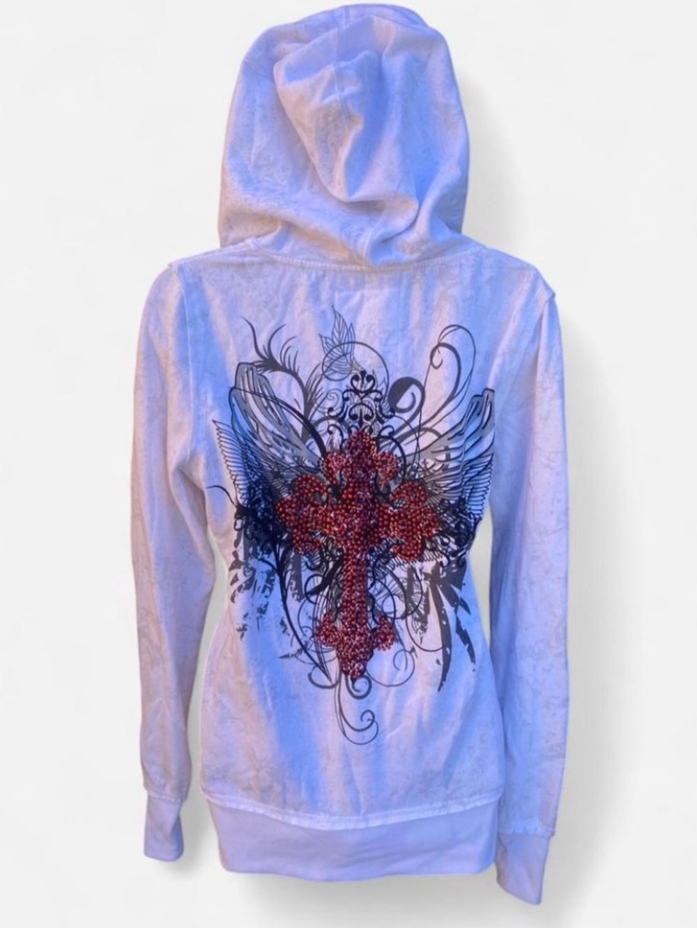 Y2k Grunge White & Grey V Neck Hoodie with Red & Black Bling Cross Design
